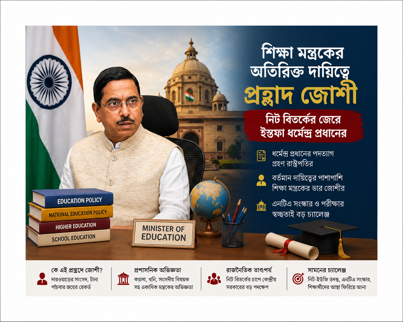 নিট বিতর্কের জেরে ধর্মেন্দ্র প্রধানের ইস্তফা, শিক্ষা মন্ত্রকের অতিরিক্ত দায়িত্বে প্রহ্লাদ জোশী প্রহ্লাদ জোশীর প্রতিকৃতি, পটভূমিতে রাষ্ট্রপতি ভবন ও জাতীয় পতাকা। গ্রাফিকে শিক্ষা মন্ত্রকের অতিরিক্ত দায়িত্ব গ্রহণ এবং ধর্মেন্দ্র প্রধানের পদত্যাগের খবর তুলে ধরা হয়েছে।