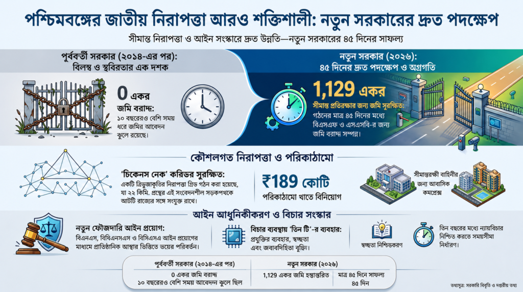 West Bengal national security infographic showing 1,129 acres secured for BSF and SSB, border infrastructure investment and legal reforms