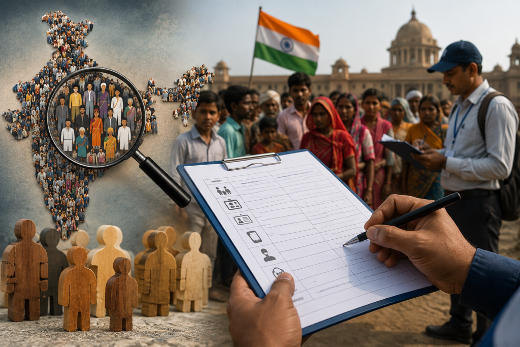 Census 2027, প্রথমবার জাতপাত গণনা সহ প্রশ্নপত্রে যুক্ত হলো ১৩টা নতুন প্রশ্ন ভারতের ২০২৭ সালের জনগণনার প্রতীকী দৃশ্যে জনগণনা কর্মী মানুষের তথ্য সংগ্রহ করছেন এবং ভারতের জনসংখ্যা ও বৈচিত্র্য তুলে ধরা হয়েছে।