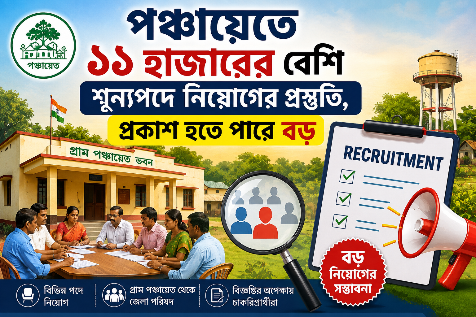 পঞ্চায়েতে ১১ হাজারের বেশি শূন্যপদে নিয়োগের প্রস্তুতি, বড় Recruitment Notification প্রকাশের অপেক্ষায় চাকরিপ্রার্থীরা পশ্চিমবঙ্গের পঞ্চায়েতে ১১ হাজারের বেশি শূন্যপদে সম্ভাব্য নিয়োগের প্রস্তুতি নিয়ে তৈরি তথ্যভিত্তিক গ্রাফিক, যেখানে গ্রাম পঞ্চায়েত ভবন, নিয়োগের প্রতীক এবং চাকরিপ্রার্থীদের আবেদন সংক্রান্ত দৃশ্য দেখানো হয়েছে।