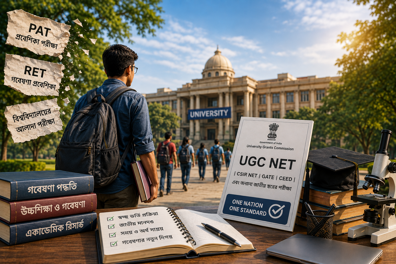 আর আলাদা পরীক্ষা নয়, NET স্কোরেই মিলবে PhD প্রোগ্রামে ভর্তি, রাজ্যে নতুন নির্দেশিকা জারি পিএইচডি ভর্তির নতুন নিয়মকে প্রতীকীভাবে তুলে ধরা একটি ফিচার ইমেজ। বিশ্ববিদ্যালয় ক্যাম্পাস, গবেষণায় আগ্রহী শিক্ষার্থী, ইউজিসি নেট নথি এবং একাধিক প্রবেশিকা পরীক্ষার অবসানের বার্তা এই ছবিতে ফুটে উঠেছে।