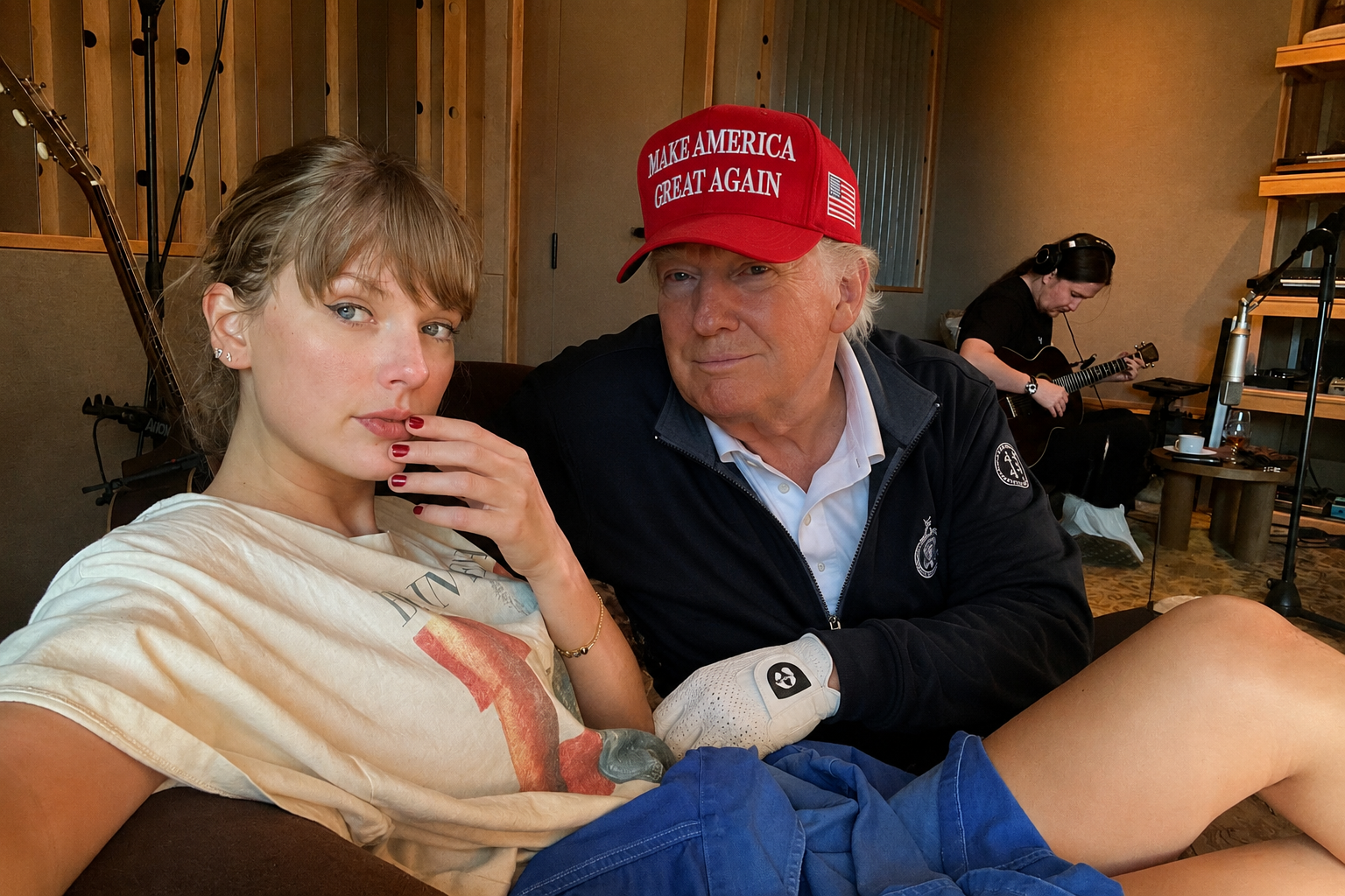 Taylor Swift এর গান সরানো হলো Trump এর প্রচার দলের TikTok থেকে, কারণ কী রেকর্ডিং স্টুডিওতে একসঙ্গে বসে থাকা দুই তারকা এবং পেছনে গিটার বাজানো শিল্পী