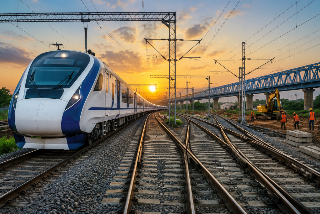 Howrah-Chennai Rail: ৯৪৫০ কোটি টাকার ৪ রেল প্রকল্পে কেন্দ্রের অনুমোদন, পশ্চিমবঙ্গেও বাড়বে রেল সংযোগ ও পণ্য পরিবহনের ক্ষমতা ভারতের রেল পরিকাঠামো সম্প্রসারণের প্রতীকী ছবি, একাধিক রেললাইন, বৈদ্যুতিক রেলপথ, সেতু এবং নির্মাণকাজের দৃশ্য