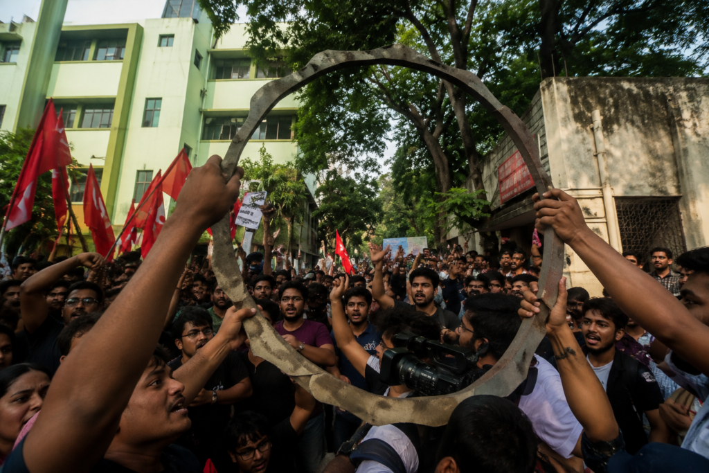 যাদবপুর বিশ্ববিদ্যালয় চত্বরে বিক্ষোভের সময় সমবেত মানুষের দৃশ্য