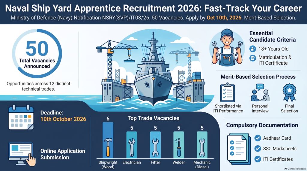 Naval Ship Yard Apprentice Recruitment 2026 infographic showing 50 vacancies, eligibility, selection process, deadline and major technical trades