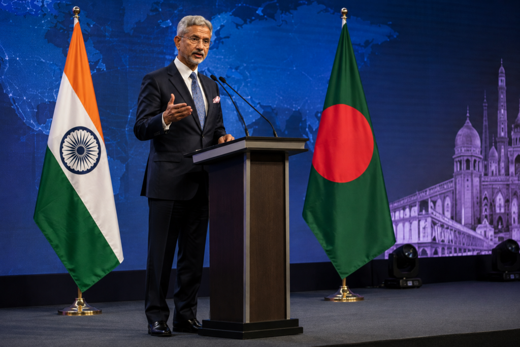 বাংলাদেশের সঙ্গে ইতিবাচক সম্পর্ক চায় ভারত, পাকিস্তানকে নিয়ে জয়শঙ্করের বিস্ফোরক মন্তব্য ভারত ও বাংলাদেশের জাতীয় পতাকার সামনে পররাষ্ট্রমন্ত্রী এস জয়শঙ্করের বক্তব্য দেওয়ার প্রতীকী সম্পাদকীয় দৃশ্য