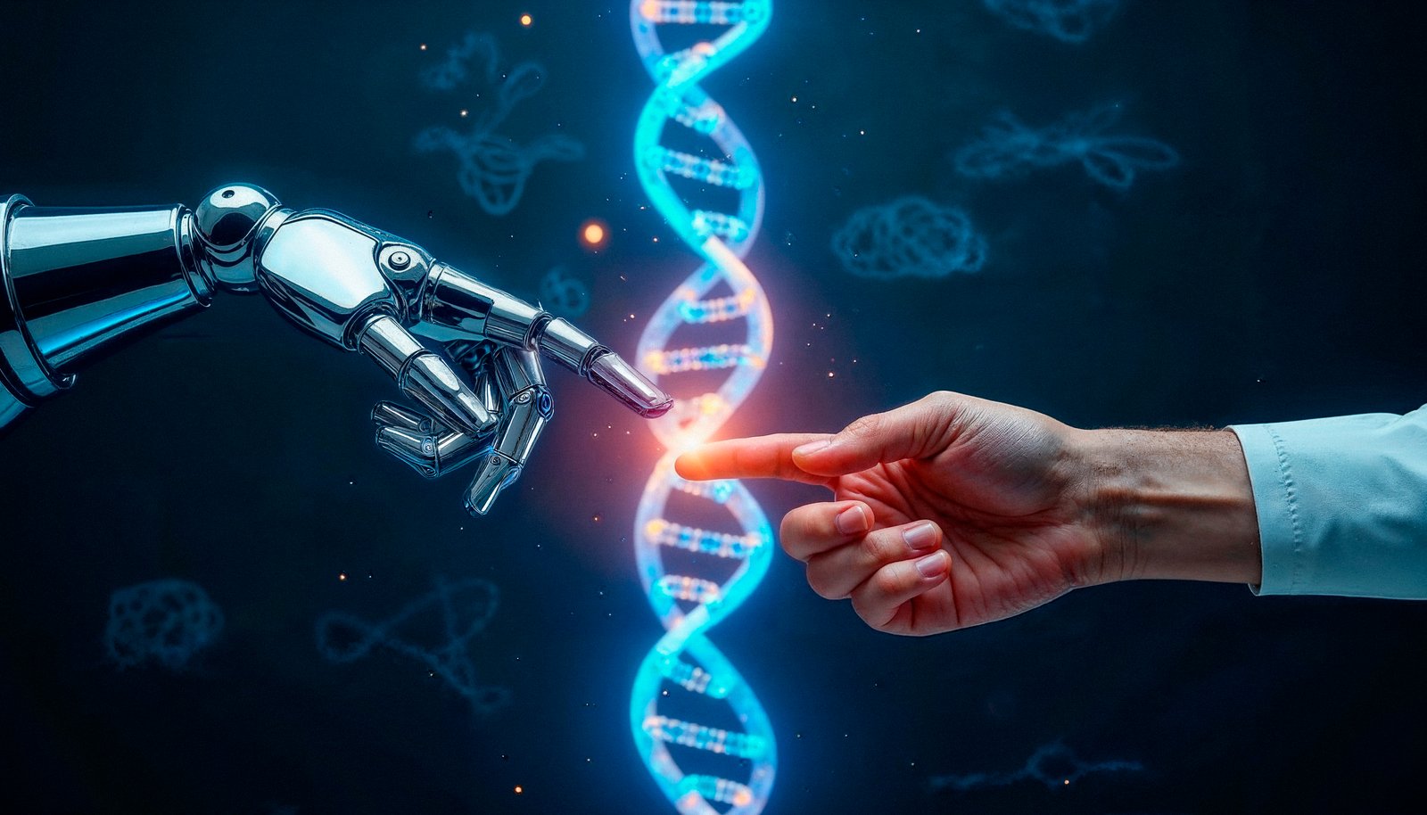 AI কীভাবে বদলে দিচ্ছে ভারতের শিক্ষাব্যবস্থা, ক্লাসরুম থেকে বিশ্ববিদ্যালয় পর্যন্ত এক নতুন বিপ্লব রোবট হাত এবং মানুষের হাত একটা আলোকিত DNA হেলিক্সের দুই পাশ থেকে একে অপরকে স্পর্শ করছে, AI ও মানবতার প্রতীক