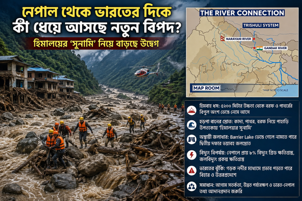 হিমালয় অঞ্চলের বন্যা বিপর্যয়, উদ্ধারকাজ এবং নেপাল থেকে ভারতের দিকে গণ্ডক নদীপথে সম্ভাব্য বন্যার ঝুঁকি তুলে ধরা সংবাদচিত্র