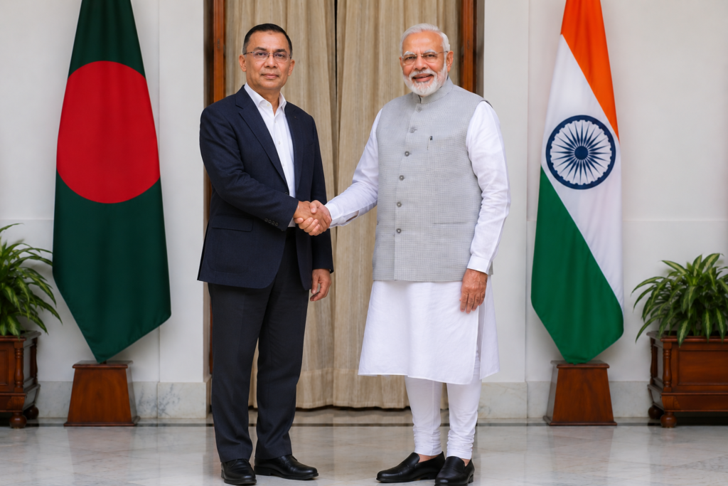 দুই প্রতিবেশী, এক ভবিষ্যৎ: ভারত-বাংলাদেশ সম্পর্ককে নতুন করে ভাবার সময় ভারতের প্রধানমন্ত্রী নরেন্দ্র মোদীর সঙ্গে বাংলাদেশের প্রধানমন্ত্রী তারেক রহমানের সৌজন্য সাক্ষাতের প্রতীকী দৃশ্য