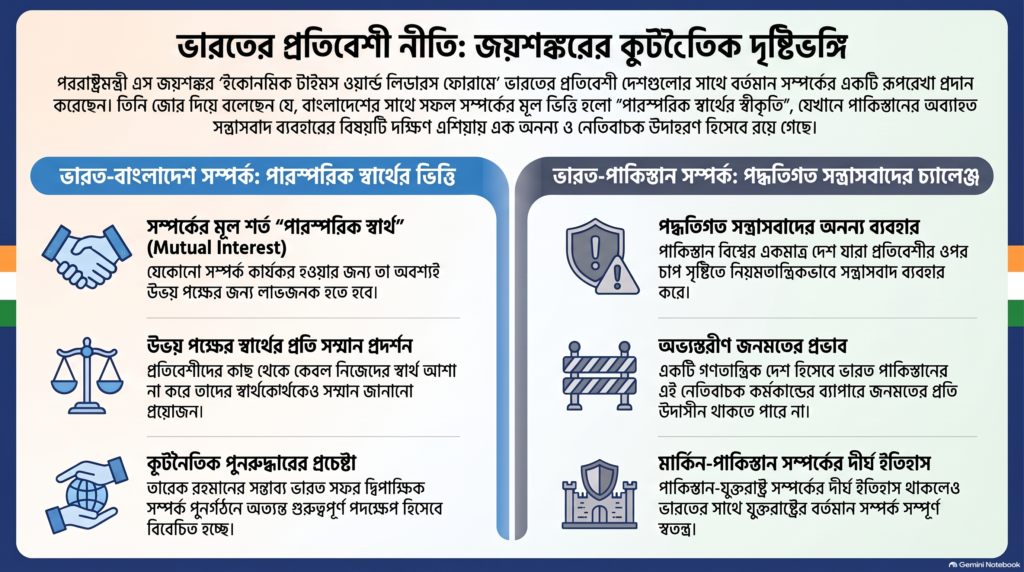 ভারতের প্রতিবেশী নীতি নিয়ে জয়শঙ্করের দৃষ্টিভঙ্গি, বাংলাদেশ ও পাকিস্তানের সঙ্গে সম্পর্কের পারস্পরিক স্বার্থ ও সন্ত্রাসবাদ বিষয়ক তুলনামূলক তথ্যচিত্র
