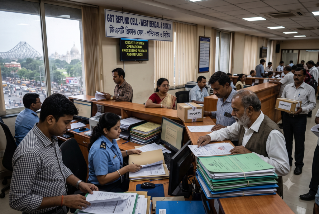 আগস্টে GST আদায় বাড়ল ১৪.৮ শতাংশ, তবে রিফান্ডও বাড়ল ৬৮ শতাংশ GST রিফান্ড প্রক্রিয়াকরণ দফতরে কর সংক্রান্ত নথি যাচাই করছেন আধিকারিক ও ব্যবসায়ীরা