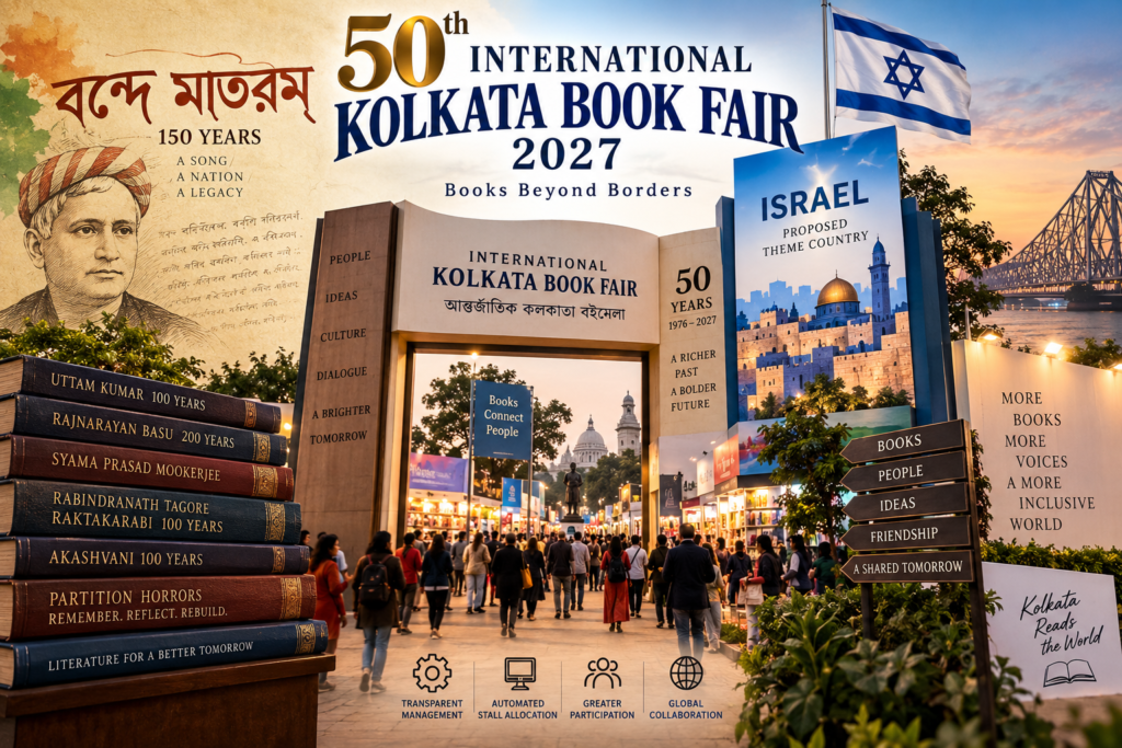 Kolkata Book Fair: ৫০তম কলকাতা বইমেলায় নতুন সমীকরণ, ‘বন্দে মাতরম’ থেকে ইজরায়েল, বদলাতে পারে মেলার চরিত্র ৫০তম আন্তর্জাতিক কলকাতা বইমেলা ২০২৭ নিয়ে তৈরি একটি সম্পাদকীয় প্রচারচিত্র, যেখানে ‘বন্দে মাতরম’ রচনার ১৫০ বছর পূর্তি, ইজরায়েলকে Theme Country করার প্রস্তাব এবং বইমেলার বিভিন্ন পরিবর্তন তুলে ধরা হয়েছে।