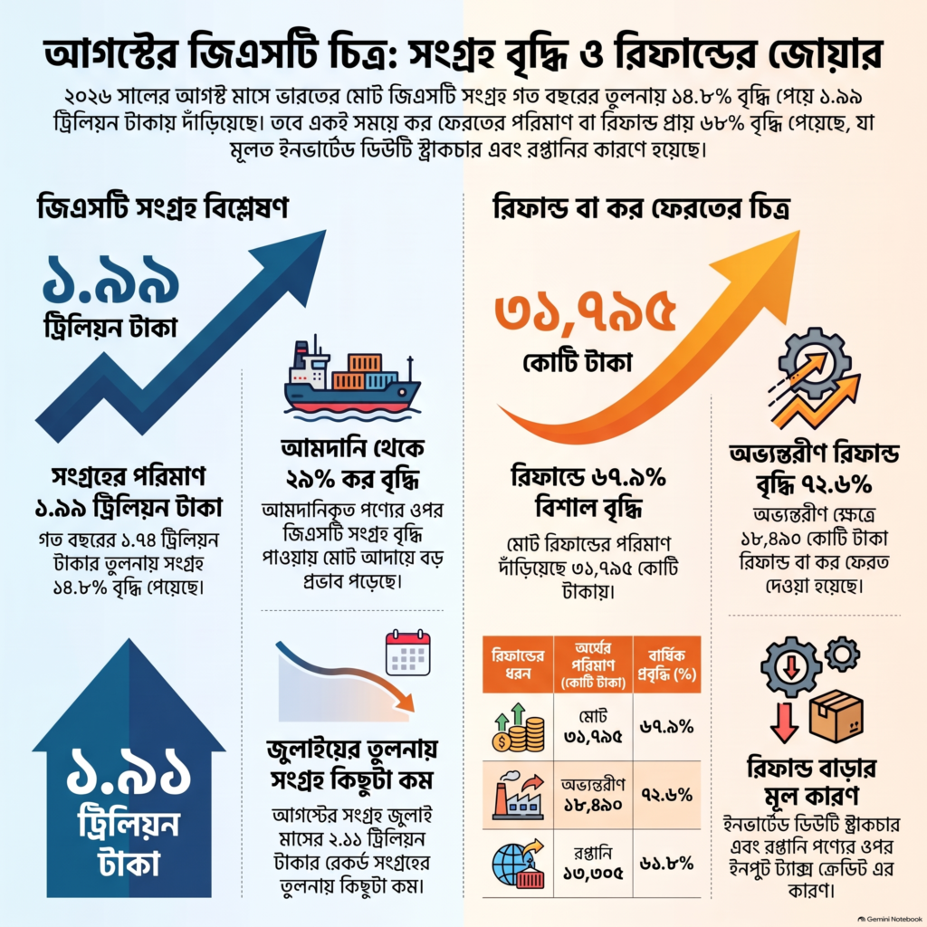 আগস্ট ২০২৬-এ ভারতের GST সংগ্রহ ১.৯৯ ট্রিলিয়ন টাকা এবং GST রিফান্ড ৩১,৭৯৫ কোটি টাকা, বৃদ্ধির হার দেখানো ইনফোগ্রাফিক