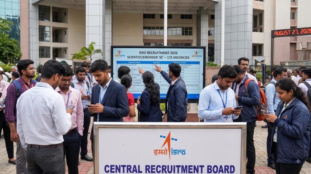ISRO-তে বড় চাকরির সুযোগ,১৭৫টি Engineer পদে নিয়োগের বিজ্ঞপ্তি প্রকাশ,আবেদন শেষ ১৬ সেপ্টেম্বর ইসরোর ২০২৬ সালের Scientist/Engineer ‘SC’ পদে ১৭৫টি শূন্যপদের নিয়োগ ঘিরে প্রার্থীদের উপস্থিতি এবং নিয়োগ সংক্রান্ত তথ্য দেখানো দৃশ্য