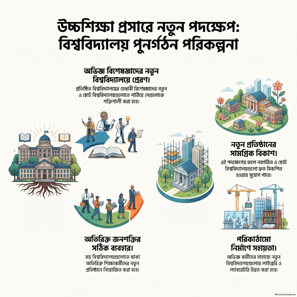 উচ্চশিক্ষা প্রসারে নতুন পদক্ষেপে প্রতিষ্ঠিত বিশ্ববিদ্যালয় থেকে নতুন বিশ্ববিদ্যালয়ে অভিজ্ঞ শিক্ষক ও বিশেষজ্ঞদের পাঠানোর ধারণাভিত্তিক ইনফোগ্রাফিক