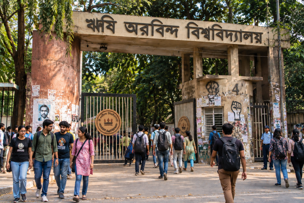 যাদবপুর বিশ্ববিদ্যালয়ের নাম বদলে ‘ঋষি অরবিন্দ বিশ্ববিদ্যালয়’ করার দাবি, গণস্বাক্ষরের পথে বিজেপি বিধায়ক শর্বরী মুখার্জী ঋষি অরবিন্দ বিশ্ববিদ্যালয় নামকরণকে ঘিরে প্রতীকীভাবে পরিবর্তিত যাদবপুর বিশ্ববিদ্যালয়ের প্রবেশদ্বার এবং ক্যাম্পাসে প্রবেশ করছেন শিক্ষার্থীরা