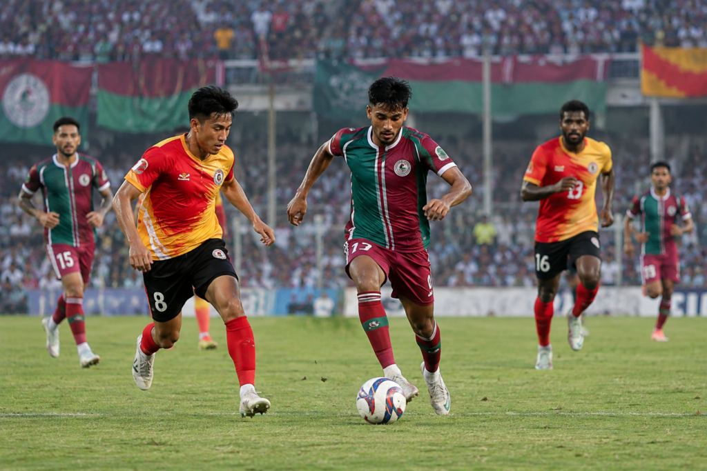 বারাসাতে আবার ডার্বি, ৪-১-এর স্মৃতি পেরিয়ে কলকাতা লিগে নতুন লড়াই কলকাতা ফুটবল লিগের ডার্বির প্রতীকী দৃশ্যে বল নিয়ে দৌড়চ্ছেন মেরুন সবুজ দলের এক ফুটবলার, পিছনে লাল হলুদ দলের খেলোয়াড়রা