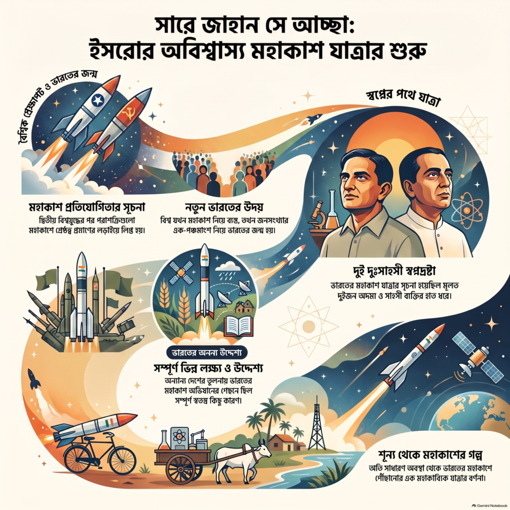 ভারতের মহাকাশ অভিযানের ইতিহাস, শীতল যুদ্ধের মহাকাশ প্রতিযোগিতা, বিক্রম সারাভাই ও হোমি ভাভার অবদান এবং সাইকেল ও গোরুর গাড়িতে রকেট পরিবহণের প্রতীকী দৃশ্য তুলে ধরা ইনফোগ্রাফিক