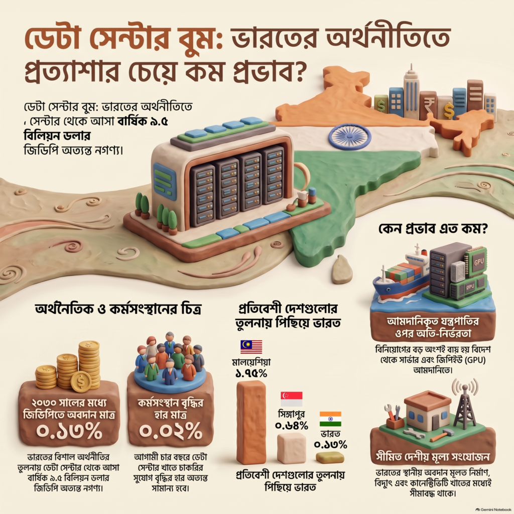 ভারতের ডেটা সেন্টার শিল্পের GDP, কর্মসংস্থান ও বিনিয়োগের সম্ভাব্য প্রভাব এবং মালয়েশিয়া ও সিঙ্গাপুরের সঙ্গে তুলনা দেখানো ইনফোগ্রাফিক