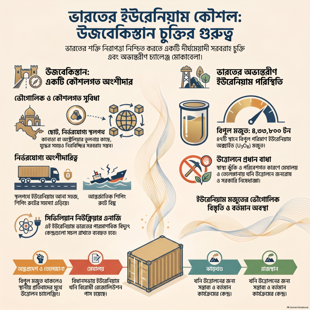 ভারতের ইউরেনিয়াম সম্পদ, দেশীয় খনন চ্যালেঞ্জ এবং উজবেকিস্তান থেকে দীর্ঘমেয়াদি ইউরেনিয়াম সরবরাহের গুরুত্ব তুলে ধরা ইনফোগ্রাফিক