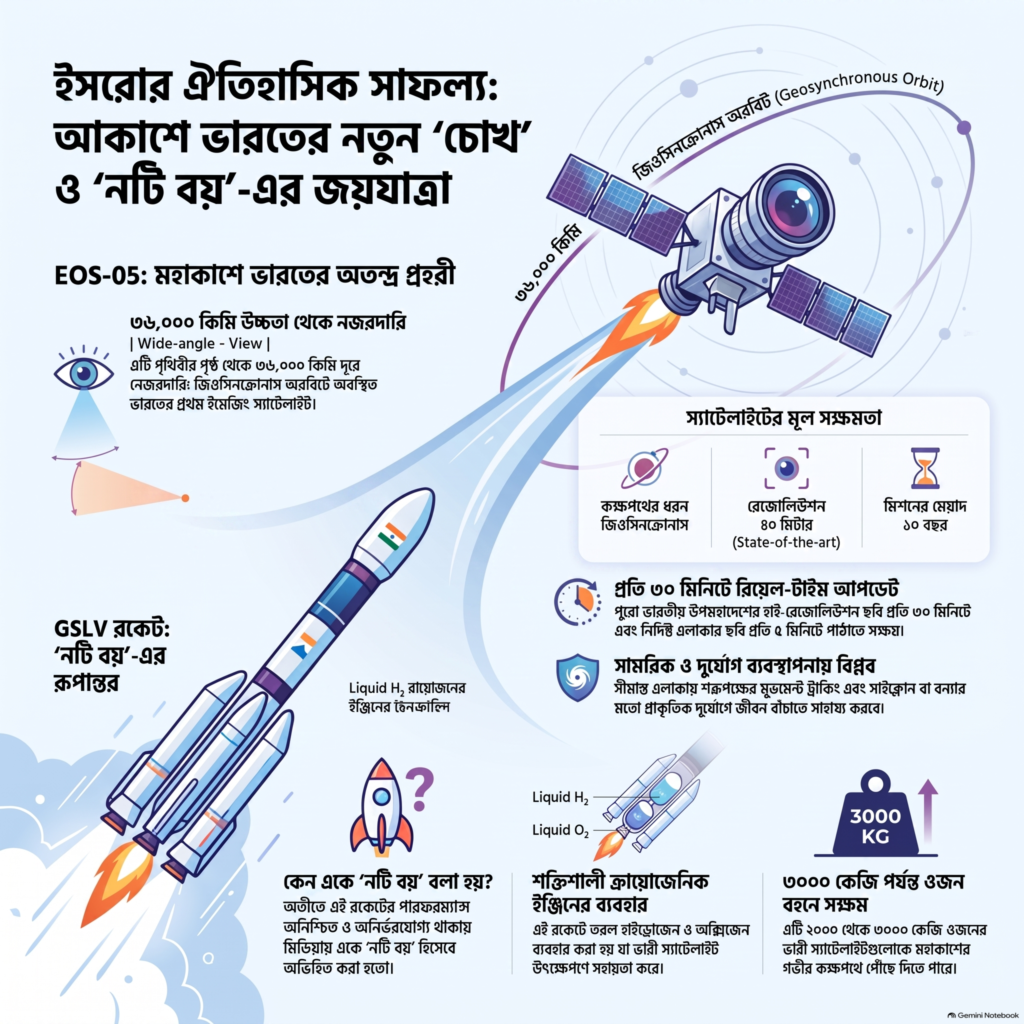 ইসরোর EOS 05 উপগ্রহ ও GSLV রকেটের উৎক্ষেপণ, জিওসিনক্রোনাস কক্ষপথ, পৃথিবী পর্যবেক্ষণ এবং উপগ্রহের বিভিন্ন সক্ষমতা তুলে ধরা ইনফোগ্রাফিক