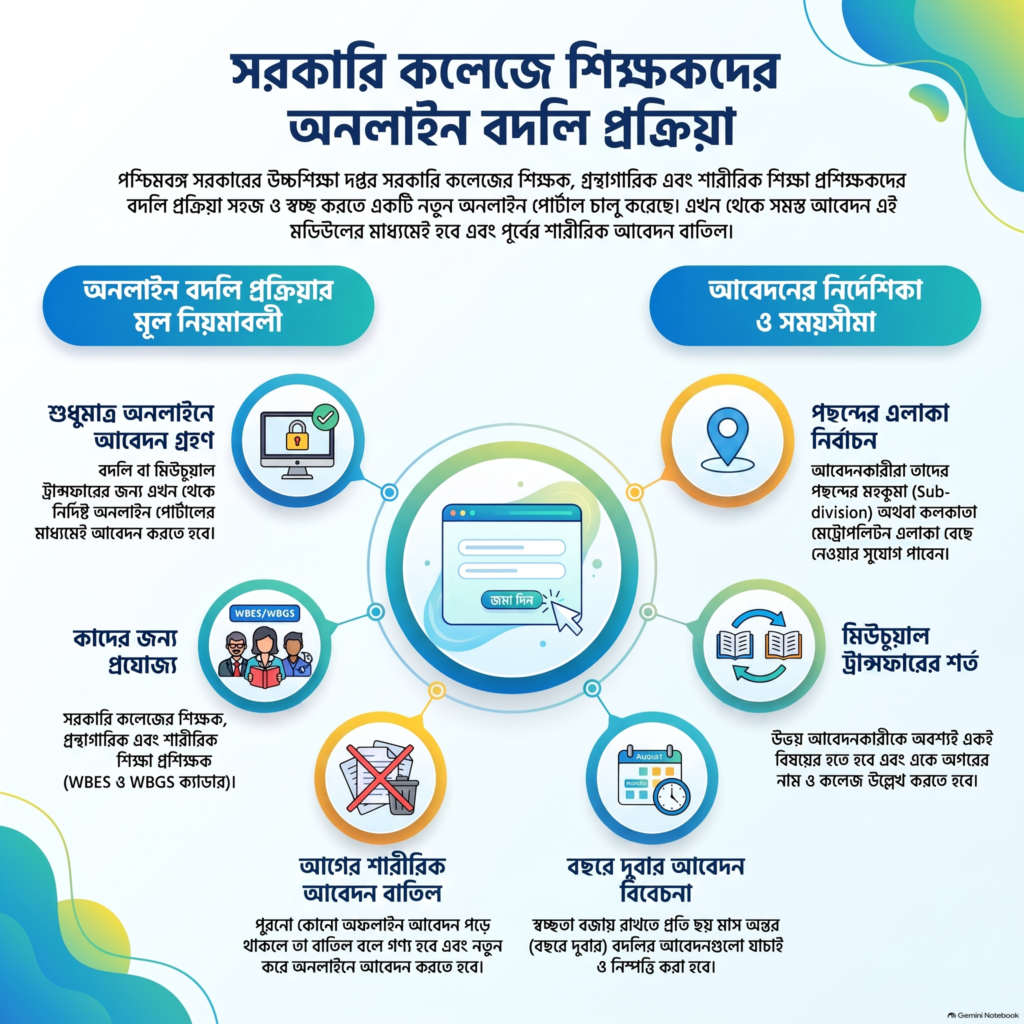 পশ্চিমবঙ্গের সরকারি কলেজের শিক্ষক, গ্রন্থাগারিক ও শারীরশিক্ষা প্রশিক্ষকদের অনলাইন বদলি প্রক্রিয়ার নিয়ম ও নির্দেশিকা দেখানো তথ্যচিত্র