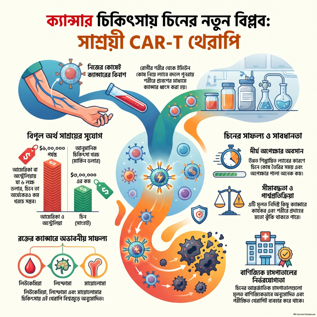 CAR-T থেরাপির প্রক্রিয়া, খরচ, সুবিধা, সীমাবদ্ধতা ও রক্তের ক্যান্সারে এর ব্যবহার নিয়ে বাংলায় তৈরি একটি তথ্যচিত্র।