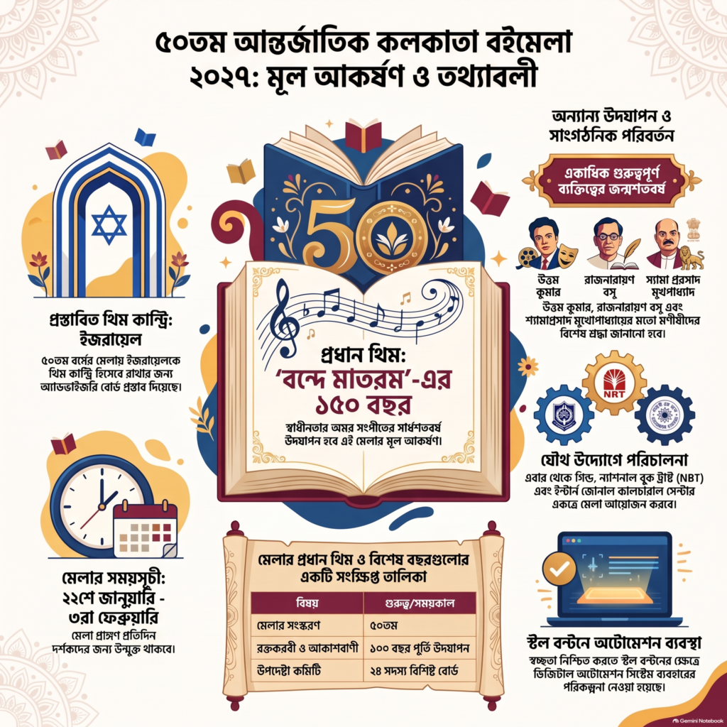 ৫০তম আন্তর্জাতিক কলকাতা বইমেলা ২০২৭ নিয়ে তৈরি বাংলা তথ্যচিত্র, যেখানে ‘বন্দে মাতরম’ রচনার ১৫০ বছর পূর্তি, ইজরায়েলকে প্রস্তাবিত থিম দেশ, মেলার সময়সূচি, গুরুত্বপূর্ণ ব্যক্তিত্ব এবং নতুন পরিচালন ব্যবস্থার তথ্য তুলে ধরা হয়েছে।